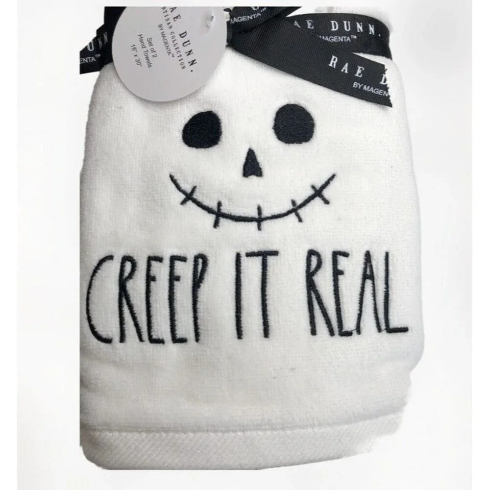 Rae Dunn Halloween Hand Towels Set of 2 Creep It Real Skull Embroidered White